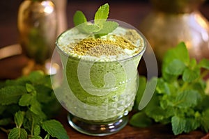 close-up of muddling mint and lime in a glass