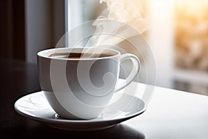 Close up mug with aromatic coffee white cup of hot aroma cappuccino espresso latte steam smoke on table morning