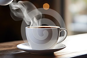 Close up mug with aromatic coffee white cup of hot aroma cappuccino espresso latte steam smoke on table morning