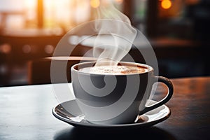 Close up mug with aromatic coffee white cup of hot aroma cappuccino espresso latte steam smoke on table morning