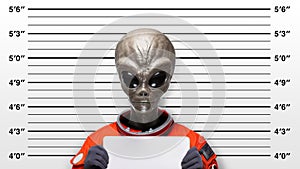 Close-up mugshot of a stereotypical gray-skinned, large-eyed alien wearing an orange spacesuit, standing against a height photo