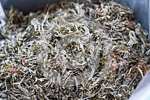 Close-up of mugwort and mugwort leaves sold in Chinese herbal medicine shop