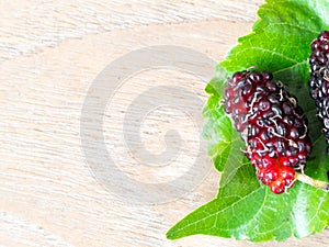 Close up of mulberry with a green leaves on the wooden table. Mulberry this a fruit and can be eaten in have a red and purple colo