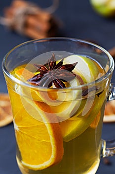 Close-up mulled wine with spices.Christmas hot white mulled wine