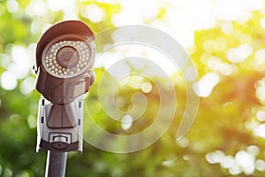 Close up Multi-angle CCTV camera are installed in the green park public