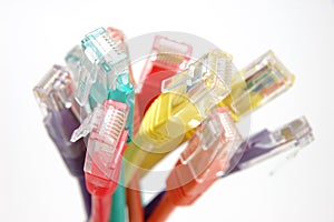 Close up of multi color network cable plugs