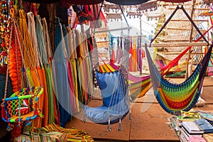 Close-up of multi-colored hammocks