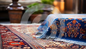 Close-up of multi-colored Persian carpets on the floor