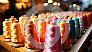 Close up multi colored Spool sewing craft thread textile indoor view