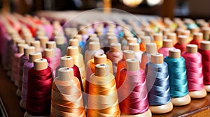 Close up multi colored Spool sewing craft thread textile indoor view