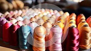 Close up multi colored Spool sewing craft thread textile indoor view