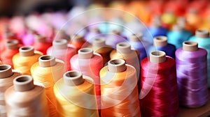 Close up multi colored Spool sewing craft thread textile indoor view