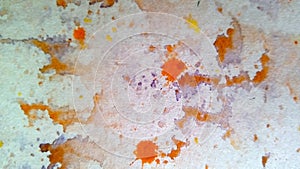 Close-up of multi-colored watercolor stains on paper. Yellow, green, blue, brown blots, drips, drops.