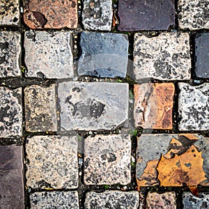 Close Up of Multicolor Cobblestone Pavement Texture with Geometric Pattern for Background