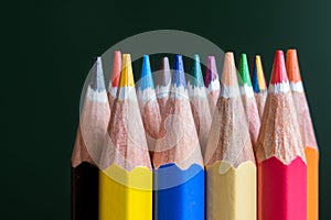Close-up of multicolor color pencils, selective focus