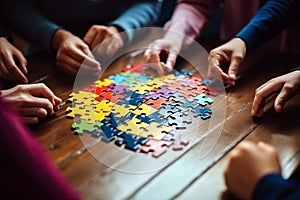 Close up of multiethnic group of people assembling jigsaw puzzle