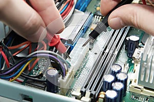 Close-up multimeter on PCB plate