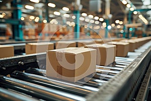 Close-up of multiple cardboard box packages seamlessly moving along a conveyor belt