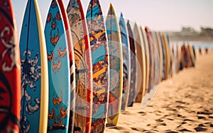 Close up of multiple colorful surf boards lined up on the beach sand on a sunny day