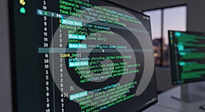 Computer screens displaying lines of green code in a dark room