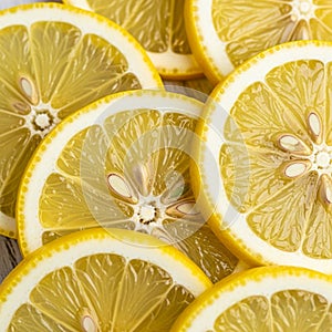 Close up of multiple lemon slices arranged overlapping each other