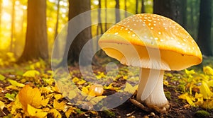 A close-up of a mushroom in a forest, with the golden light enhancing its colors