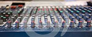 Close up of music mixer equalizer console for mixer control sound device. Sound technician audio mixer equalizer control