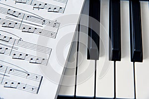 Close-up music score on piano keyboard