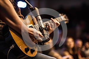 Close-Up Of A Musician\'s Guitar Performance On Stage With An Enthusiastic Audience During A Live Concert - Generative AI