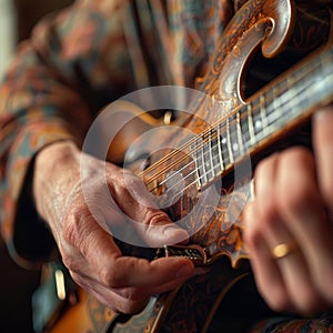 Close-up of a musician's hands finely tuning a mandolin with detailed craftsmanship