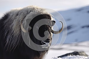 Close up of a Musk Ox in Dovrefjell mountains in winter