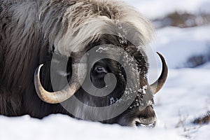 Close up of a Musk Ox in Dovrefjell mountains in winter