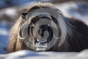 Close up of a Musk Ox in Dovrefjell mountains in winter