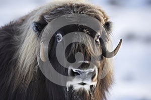 Close up of a Musk Ox in Dovrefjell mountains in winter