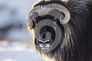 Close up of a Musk Ox in Dovrefjell mountains in winter