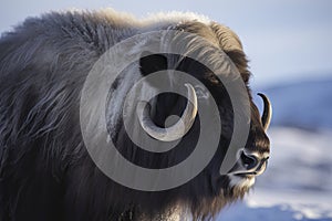 Close up of a Musk Ox in Dovrefjell mountains in winter