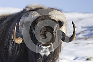 Close up of a Musk Ox in Dovrefjell mountains in winter