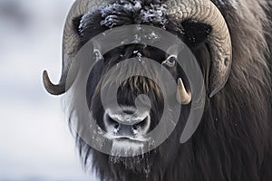 Close up of a Musk Ox in Dovrefjell mountains in winter