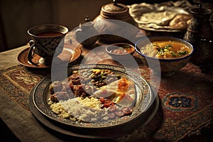 Close-up of Muslim father passing his son Lafah Bread during dinner at dining table on Ramadan. Ai generative.