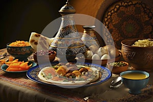 Close-up of Muslim father passing his son Lafah Bread during dinner at dining table on Ramadan. Ai generative.