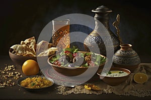 Close-up of Muslim father passing his son Lafah Bread during dinner at dining table on Ramadan. Ai generative.