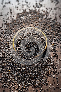 Close up of mustard seeds/Rai or brown mustard seeds in a small plate on a wooden surface in dark Gothic colors.
