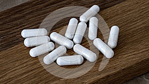 Close-up of n-acetyl cysteine NAC capsules. dietary concept. dietary supplement selective focus photo