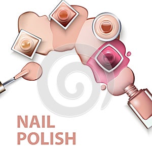 Close up of nail polish with drops of nail polish light pastel shades on white background. Vector