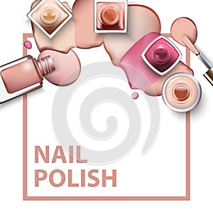 Close up of nail polish with drops of nail polish light pastel shades on white background. Vector