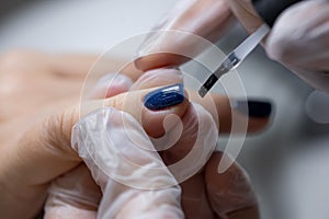 Close-up of a nail on which a blue gel polish is applied distributing it with a manicure brush over the surface