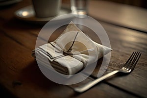 a close-up of a napkin, neatly folded on a wooden table in an intimate setting