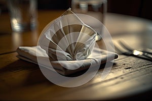 a close-up of a napkin, neatly folded on a wooden table in an intimate setting