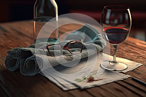 close-up of a napkin on a wooden table with glasses and bottles of red wine