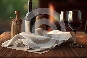 close-up of a napkin on a wooden table with glasses and bottles of red wine